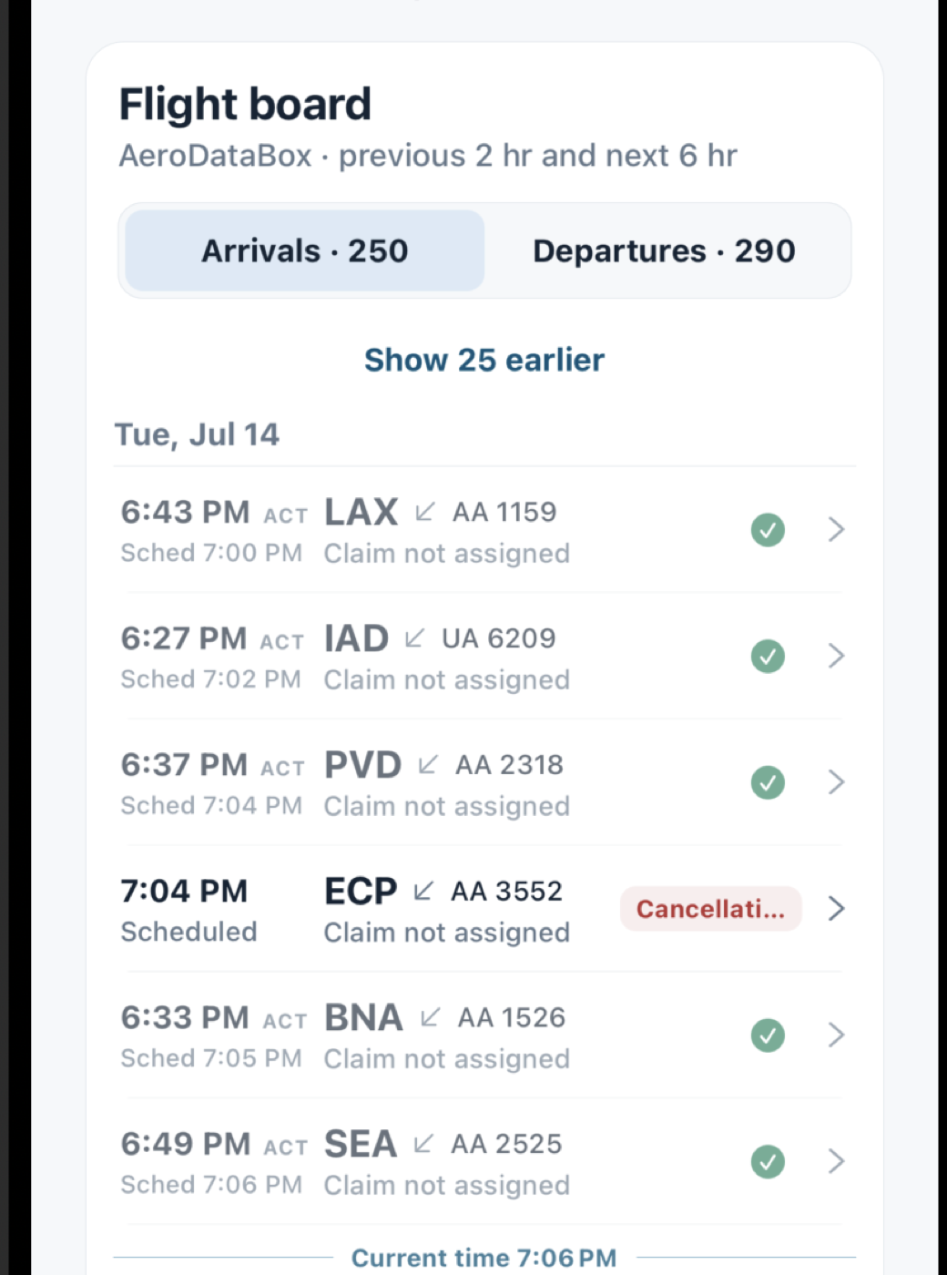 Compact birdseye airport arrivals board with actual and scheduled times