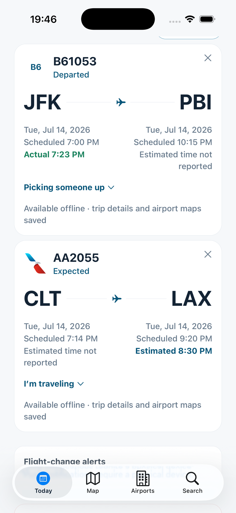 birdseye Today screen with followed flights for a traveler and an airport pickup